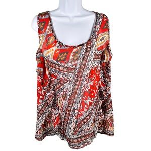 TORRID Women’s Sz 2(2X) Sleeveless Racerback Red Print Blouse Side Ruffle